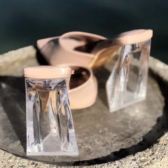 NEW Patent Clear Triangle High Block Heel Square Toe Slip On Sandals Mules Shoes - Picture 5 of 9